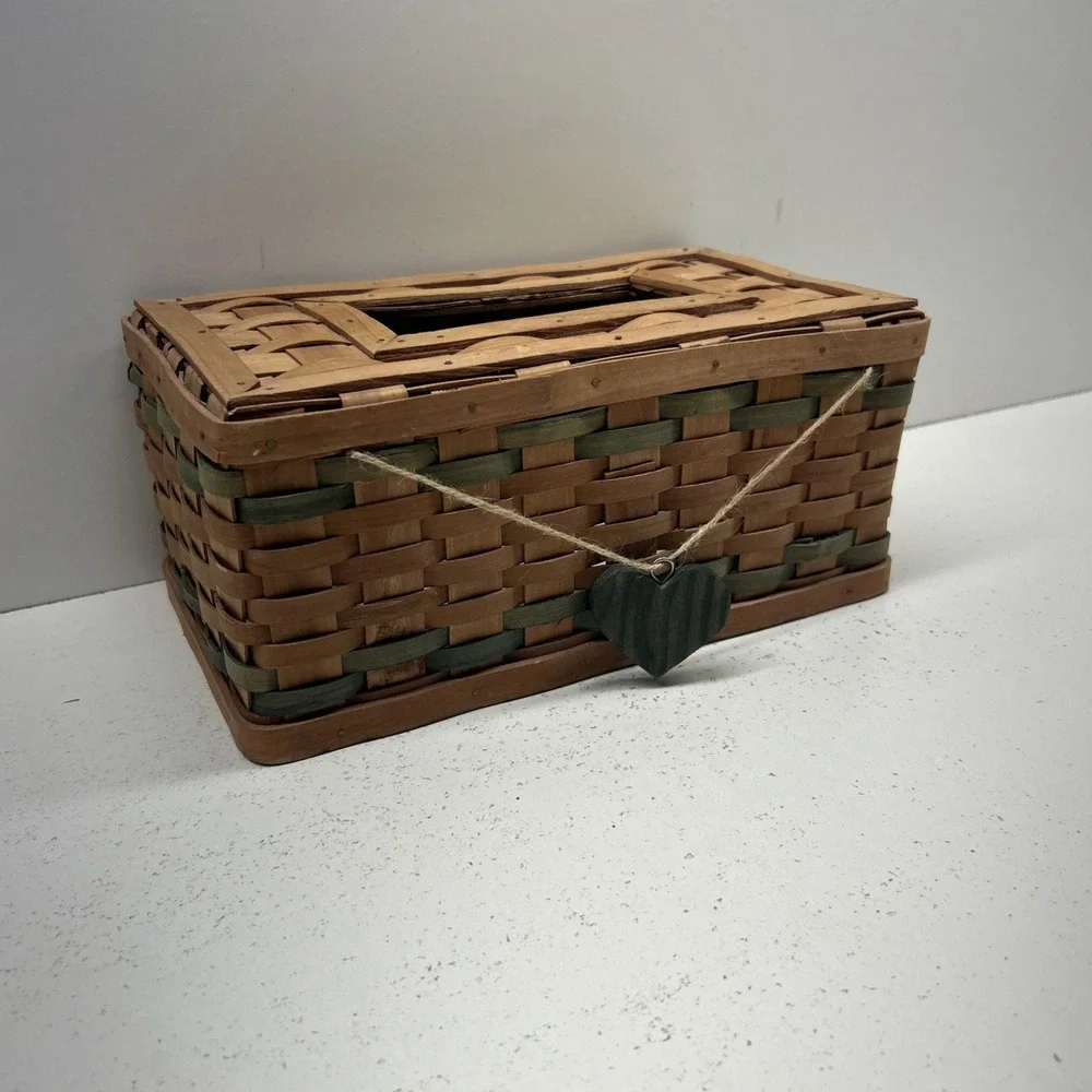Longaberger Style‎ - Woven Wood Tissue Box Cover Heart Charm Basket Decor